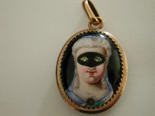 ANTIQUE VICTORIAN ENAMEL MASQUERADE LOCKET GILDED LARGE RHINESTONE LADY PENDANT 9