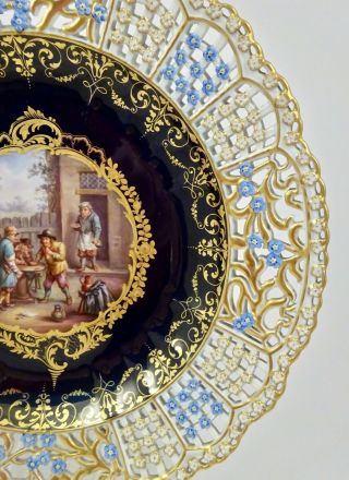 Antique Meissen Cabinet Plate,  Tavern Scene,  Reticulated Border (B) 4