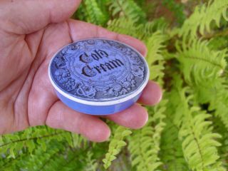 Antique,  c1910 very rare,  blue Gothic print Cold Cream ointment pot lid,  pot lid 2