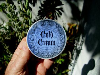 Antique,  c1910 very rare,  blue Gothic print Cold Cream ointment pot lid,  pot lid 4
