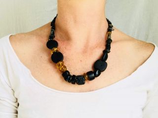 Ancient Jet,  Stone And Amber Necklace.  2000 Years Old Excavated Beads