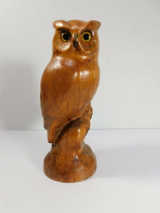 Vintage 1979 R D Lewis Carved Wood Owl Glass Eyes 12 " Tall