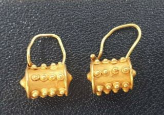Fine Ancient Solid Pure Gold 22k Etruscan Granulated Pouch Thorn Amulet Earrings