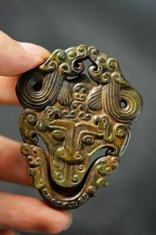 Rare Chinese Old Jade Hand Carved Dragon/ Cattle Head Pendant J11