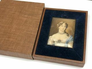 Antique Framed Miniature Portrait Lady Painting Cased In Glass
