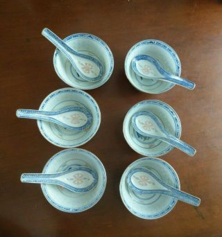 Chinese Blue White Rice Grain Porcelain Rice Soup Bowls Spoons Floral 4pc Set