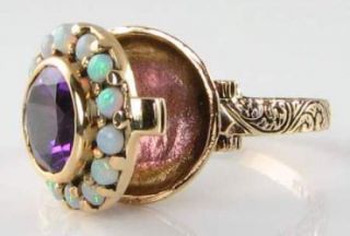 Lovely 9ct 9k Gold Poison Locket African Amethyst Aus Opal Art Deco Ins Ring