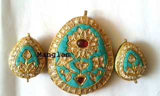 22k Gold Handmade Jadau Kundan Meena Gorgeous Earrings Pendant Set Jewelry