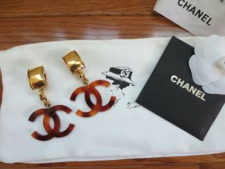 Chanel Clip On Earrings Tortoise Round Cc Gold France 100 Auth