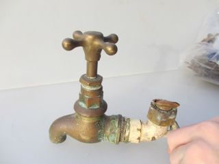 Antique Brass Tap Garden Sink Stables Basin Vintage Old Wooden Lever SEIZED 2