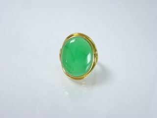 14k Yellow Gold Large Green Oval Jade Cabochon Ring Size 8 Men 