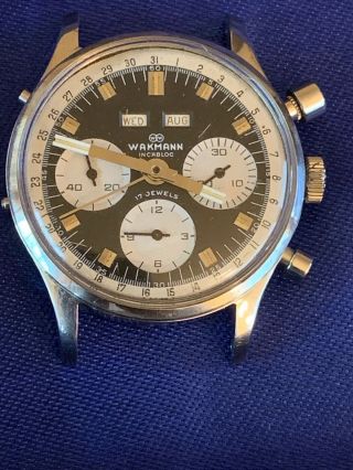Vintage Mens Wakmann Ss Reverse Panda Triple Date Chronograph 730/72c For Repair