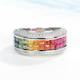 2.  43Ct 100 Natural Diamond 14K Yellow Gold Sapphire Rainbow Gradient Ring R11 - 3 2