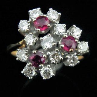 Vintage Ruby Diamond Flower Ring 14k Gold Estate Retro Mid Century Floral Gift