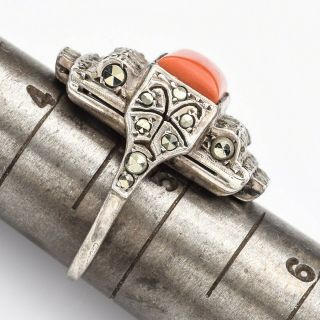 Vintage Sterling Silver Red Coral Marcasite Necklace Bracelet Earrings Ring Set 10