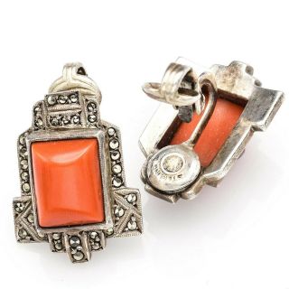 Vintage Sterling Silver Red Coral Marcasite Necklace Bracelet Earrings Ring Set 11
