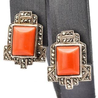 Vintage Sterling Silver Red Coral Marcasite Necklace Bracelet Earrings Ring Set 12