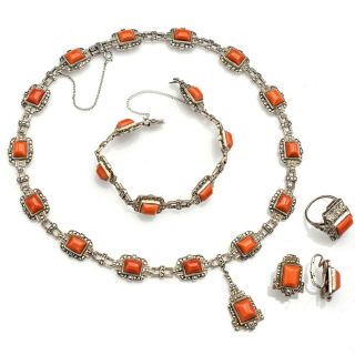 Vintage Sterling Silver Red Coral Marcasite Necklace Bracelet Earrings Ring Set