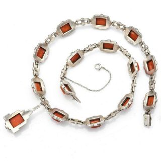 Vintage Sterling Silver Red Coral Marcasite Necklace Bracelet Earrings Ring Set 2
