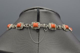 Vintage Sterling Silver Red Coral Marcasite Necklace Bracelet Earrings Ring Set 5