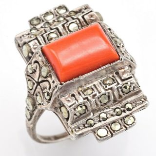 Vintage Sterling Silver Red Coral Marcasite Necklace Bracelet Earrings Ring Set 7