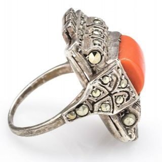 Vintage Sterling Silver Red Coral Marcasite Necklace Bracelet Earrings Ring Set 9