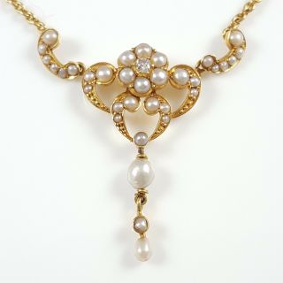 Antique Edwardian 9ct Yellow Gold Seed Pearl & Diamond Lavalier Necklace C1905