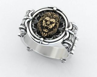 Ancient Lions Heavy Two Tone Men ' s Biker Punk Oxidized 925 Sterling Silver Ring 5