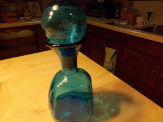 Vintage Square Turquoise Blown Decanter With Corked Ball Stopper 11 Inch