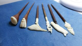 Vintage Indonesian Carved Buffalo Horn And Wood Hair Pins Sticks (6) N69156