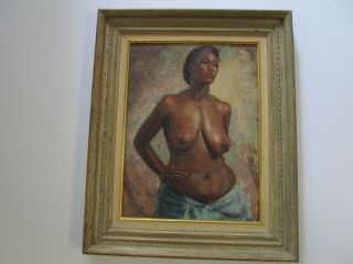 Antique Vintage Black Americana Portrait Painting Female Woman Nude Busty 1950