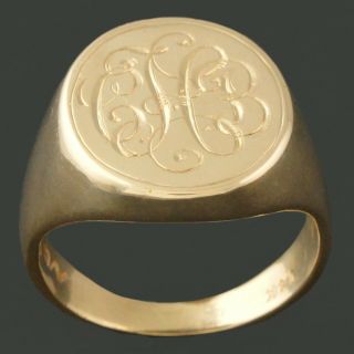 Heavy Solid 14k Yellow Gold,  Engraved Signet Ring,  W/ Monogram,  12.  1g Nr