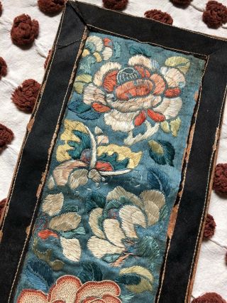 Antique Chinese Blue Silk Embroidered Panel Bat Moth Forbidden Stitch Embroidery 4