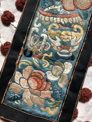 Antique Chinese Blue Silk Embroidered Panel Bat Moth Forbidden Stitch Embroidery 6