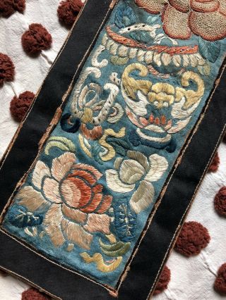 Antique Chinese Blue Silk Embroidered Panel Bat Moth Forbidden Stitch Embroidery 8