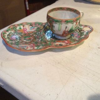Rare Antique Chinese Export Rose Medallion Cup With Saucer Tray
