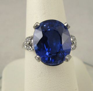 Platinum Synthetic 9.  64ctw Blue Sapphire & 0.  06ctw Diamond Ladies Ring Sz.  7.  5