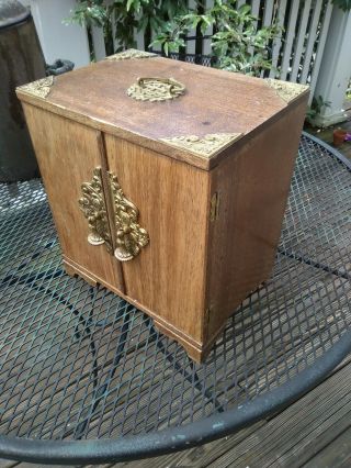 Lovely Brass And Mahogany Wood Jewelry,  Cutlery,  Storage Chest,  Four Drawers, .