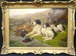 Large 19th Century English Spaniel Pointer Dogs Hunting Landscape Amos Watmough
