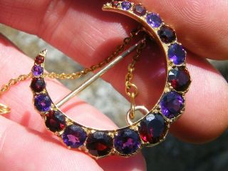 Antique - 15ct Rose Gold/pigeon Blood Ruby/amethyst Large Crescent Pendant Brooch