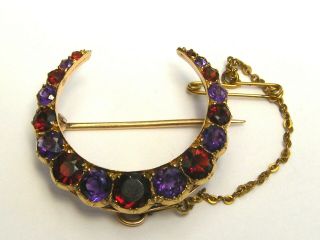 Antique - 15ct Rose Gold/Pigeon Blood Ruby/Amethyst Large Crescent Pendant Brooch 2