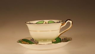 Royal Albert Crown China Art Deco Green and Gold Gilt Cup and Saucer,  England 5