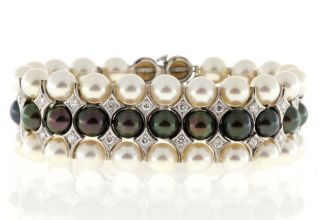 Estate 1950s 3 Row Akoya Black & White Pearl & Diamond 14k White Gold Bracelet