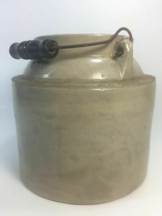 Antique Primitive Farm Stoneware Pottery Crock W/ Bail Wood Handle Patented 1896
