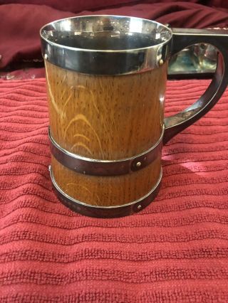 Antiques Wooden Beer Tankard Dated Feb 6 1875,  With Hallmarks
