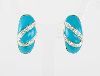 Vintage 14ct 14k Gold Earrings With Diamond And Turquoise By Wlc