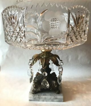Vtg Cut Crystal Glass Brass Metal Pedestal Compote Dish Bowl Marble