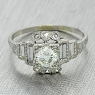 1920s Antique Art Deco Solid Platinum.  94tw Baguette Diamond Engagement Ring Egl