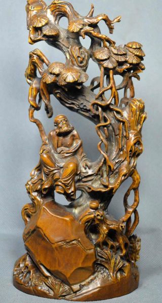 Ancient Collectable Old Boxwood Hand Carving Buddha Sit Tree Pray Temple Statue