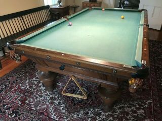 Antique Pool Table (9 foot,  Schwikert & Sons,  1890s,  with accessories) 11